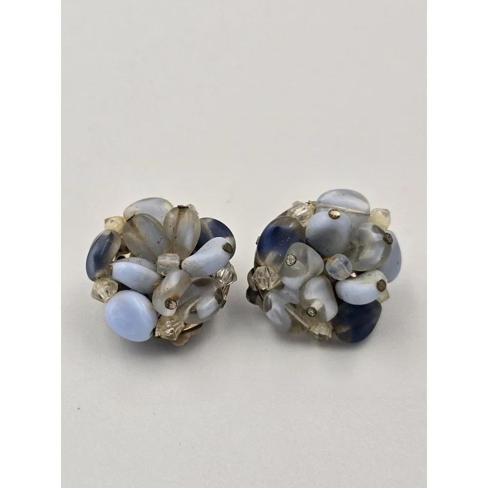 Vintage West Germany Clip-On Earrings Blue Art Glass Cluster Beads Clear Accents